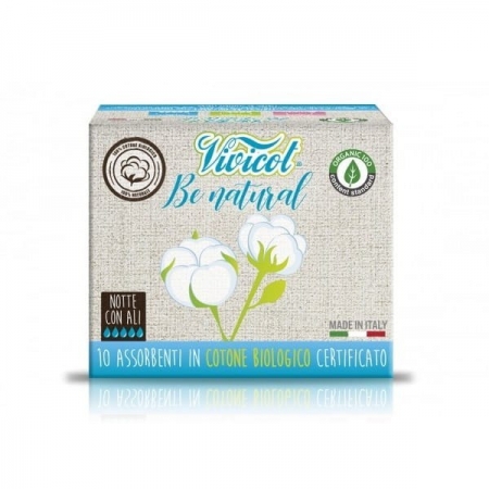 VIVICOT BE NATURAL Podpaski NA NOC ze skrzydełkami niebielone chlorem z CERTYFIKOWANEJ bawełny organicznej 10 sztuk